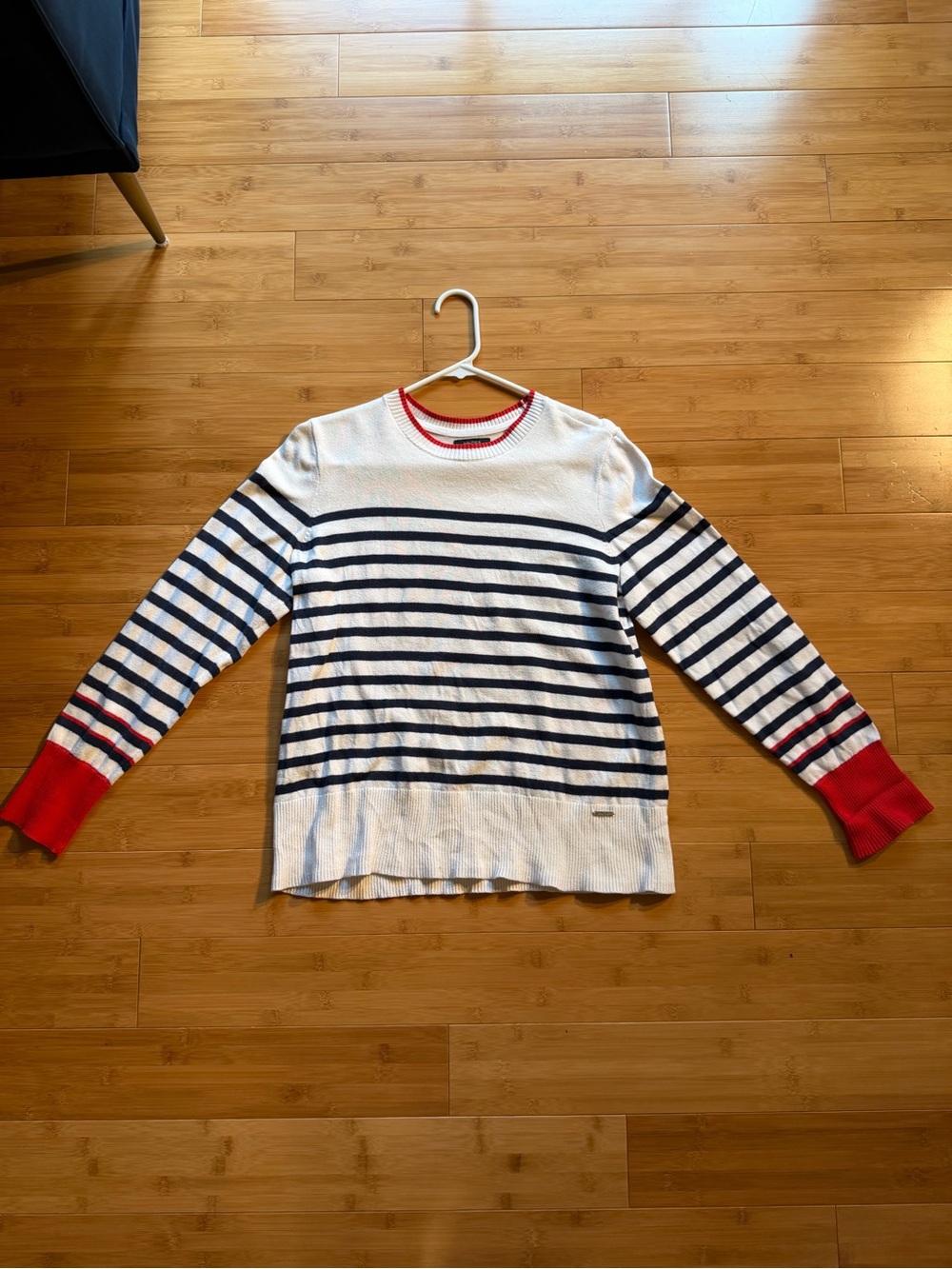 Nautica Women’s Striped Crewneck Sweater with Red Trim - White/Navy